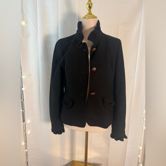 J.Crew Black Wool Ruffle Trim Jacket Blazer Women’s 8 Lined Button Front - Picture 1 of 7